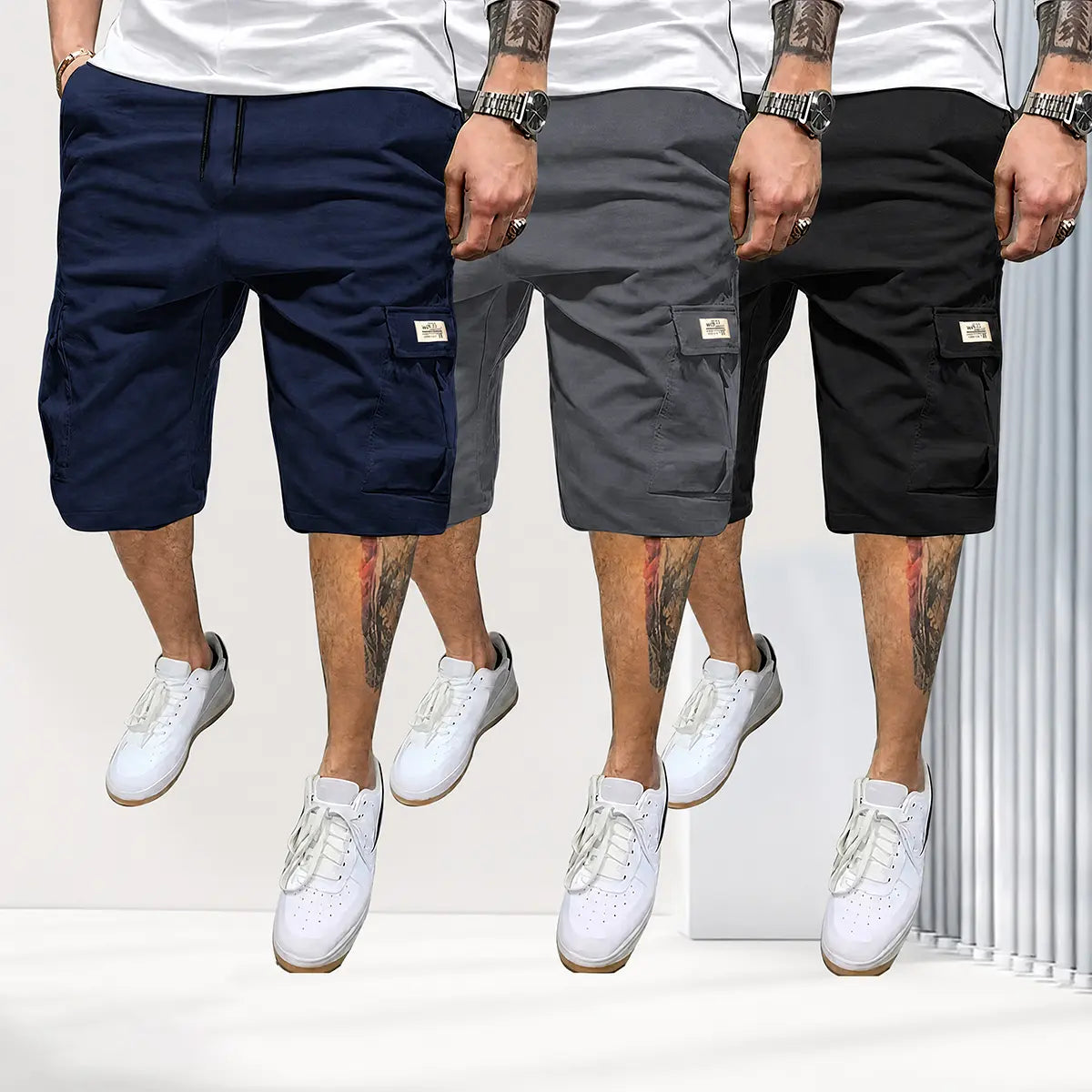 Herren 3er-Pack atmungsaktive Shorts mit Kordelzug und Taschen
