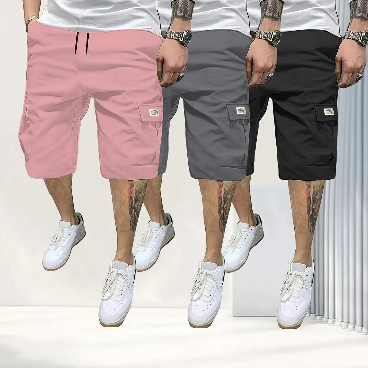 Herren 3er-Pack atmungsaktive Shorts mit Kordelzug und Taschen