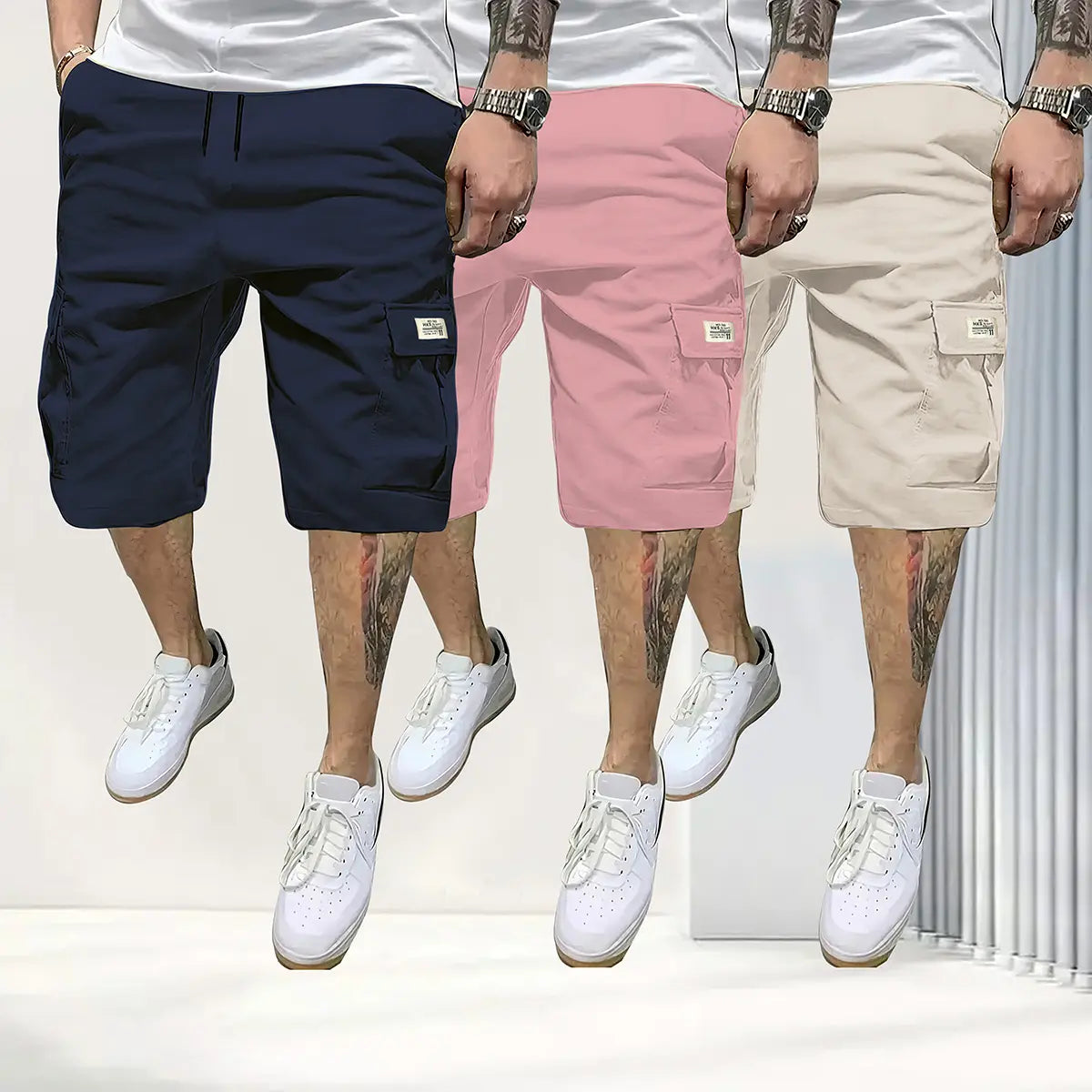 Herren 3er-Pack atmungsaktive Shorts mit Kordelzug und Taschen