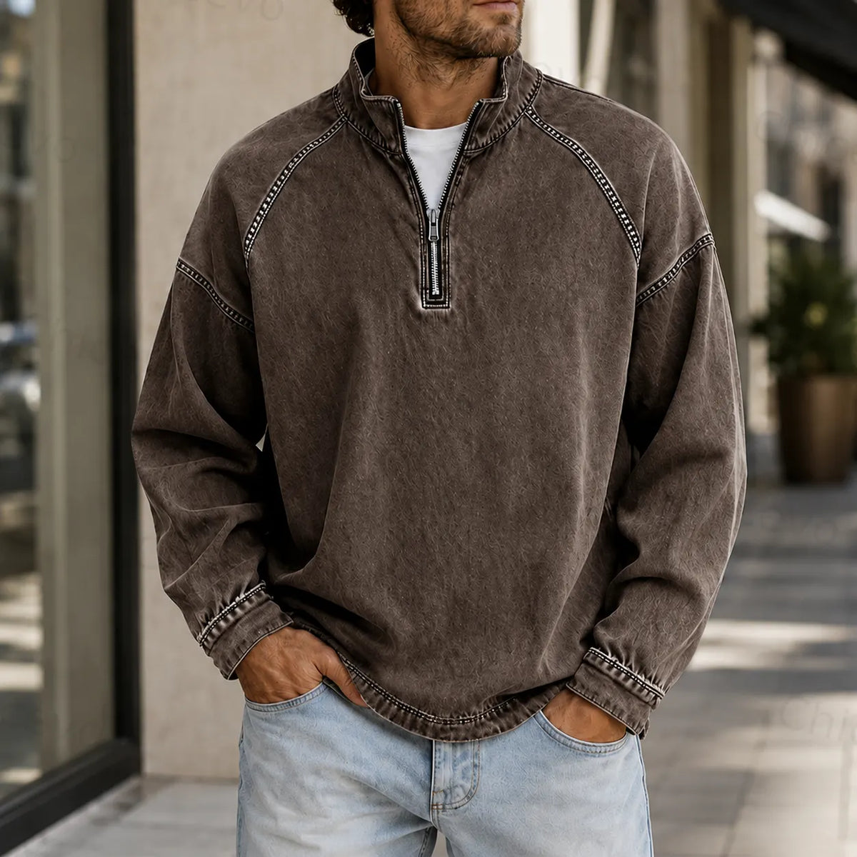 Men's Vintage Washed Quarter Zip Pullover Casual Stand Collar Sweatshirt