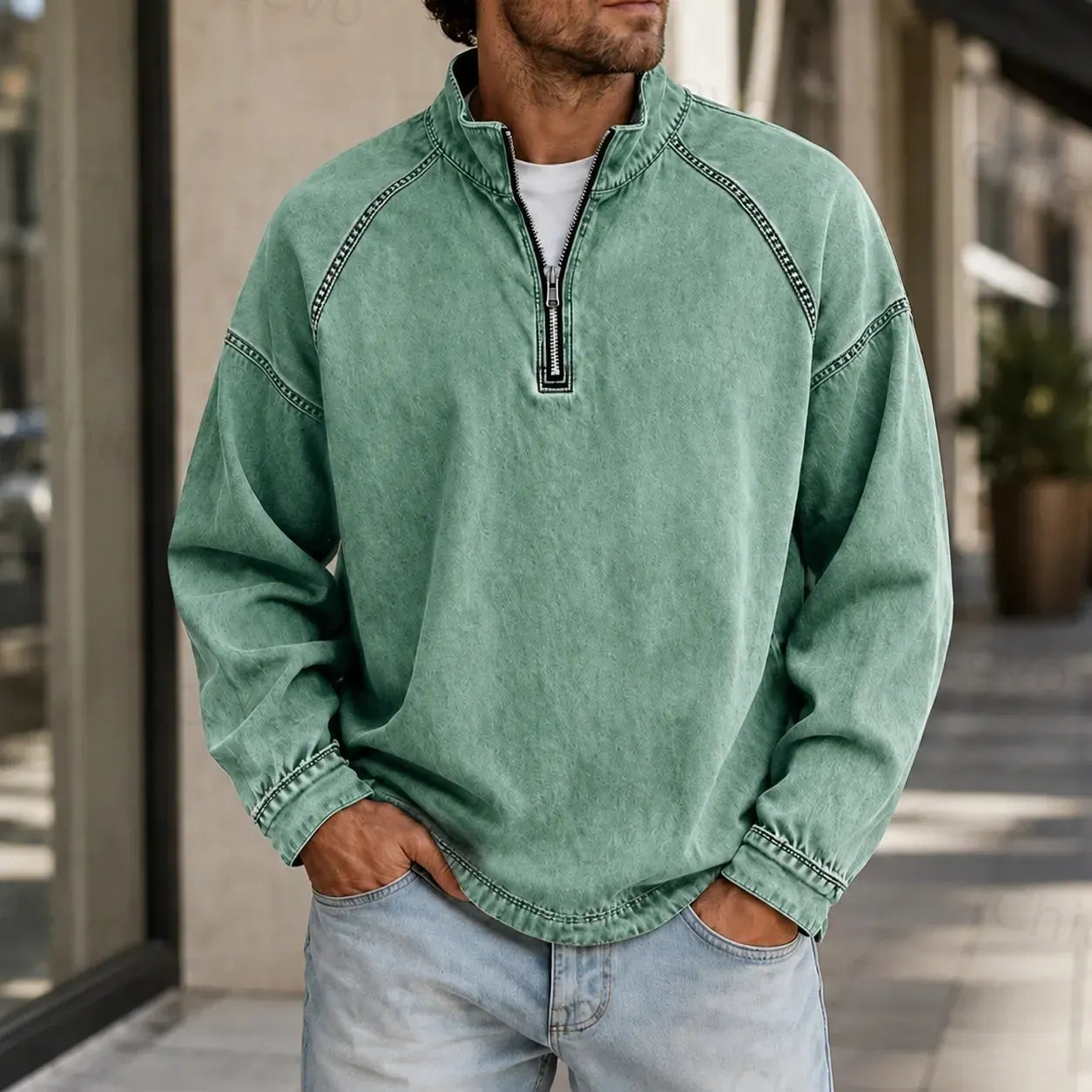 Men's Vintage Washed Quarter Zip Pullover Casual Stand Collar Sweatshirt