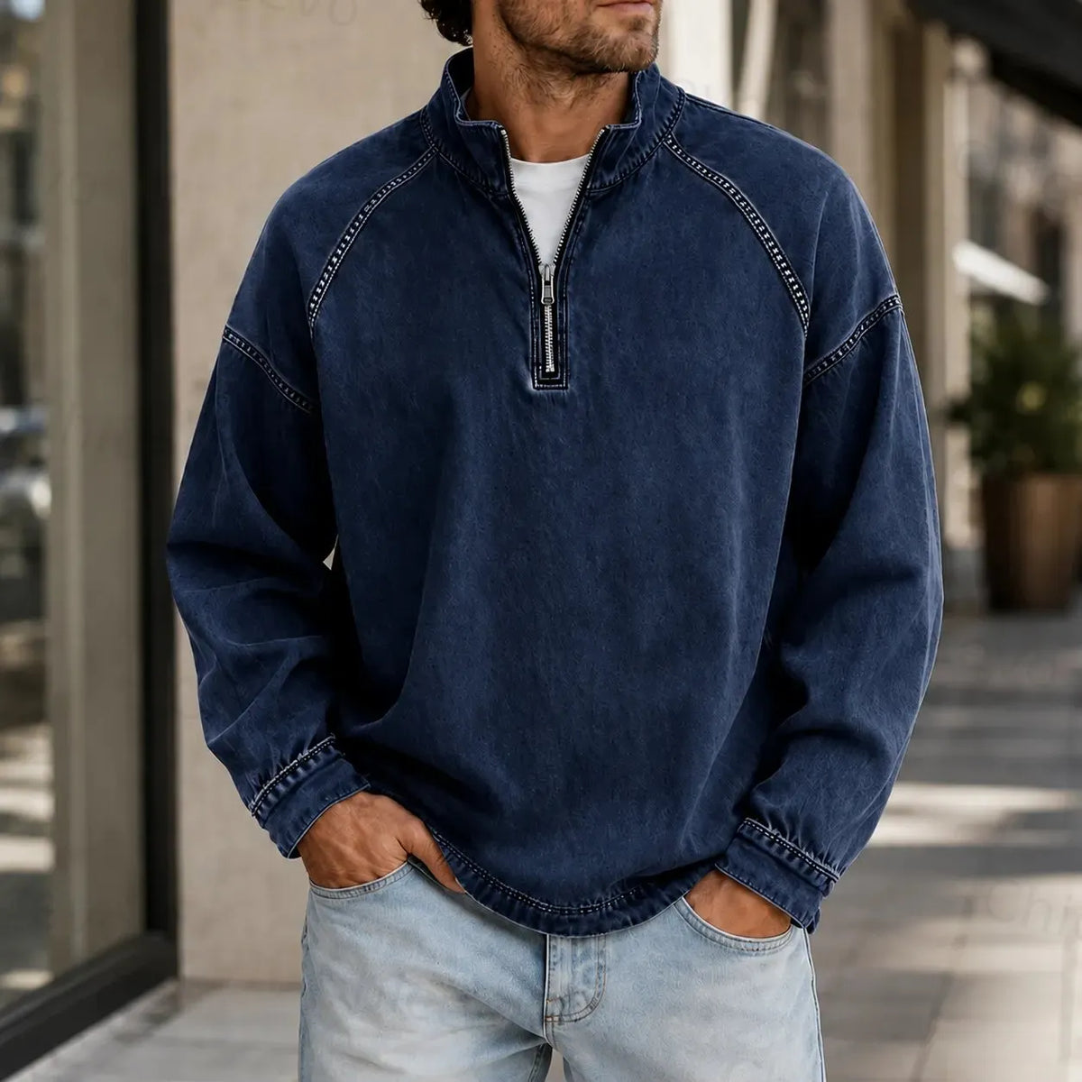 Men's Vintage Washed Quarter Zip Pullover Casual Stand Collar Sweatshirt