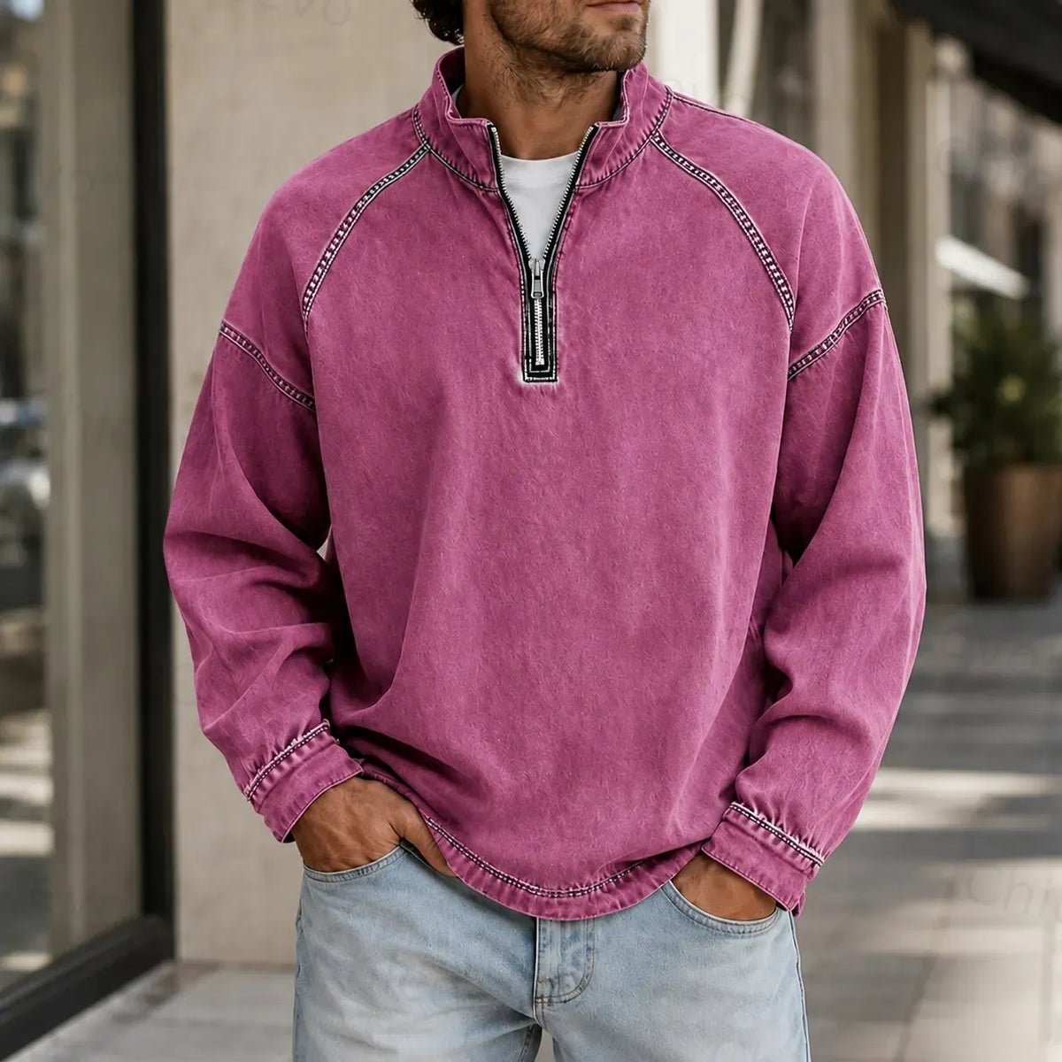 Men's Vintage Washed Quarter Zip Pullover Casual Stand Collar Sweatshirt